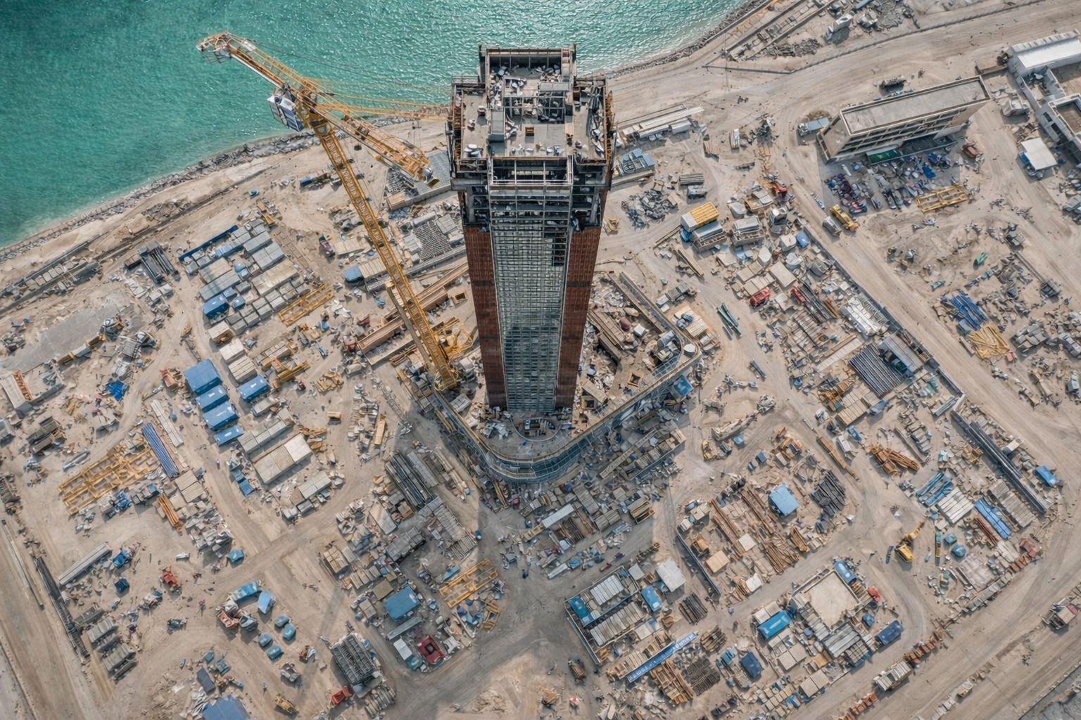 Aerial view of Al Marjan Island Ras Al Khaimah showing beachfront developments and Wynn resort construction