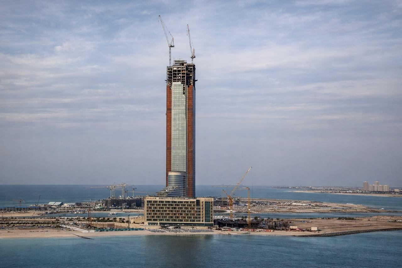 Wynn Al Marjan Island construction progress - 70-story tower topped out in Ras Al Khaimah December 2025