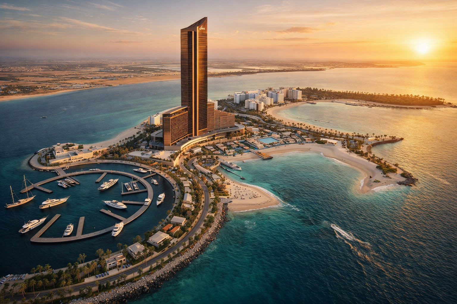 Wynn Al Marjan Island resort rendering - 70-story luxury hotel tower overlooking Arabian Gulf in Ras Al Khaimah UAE