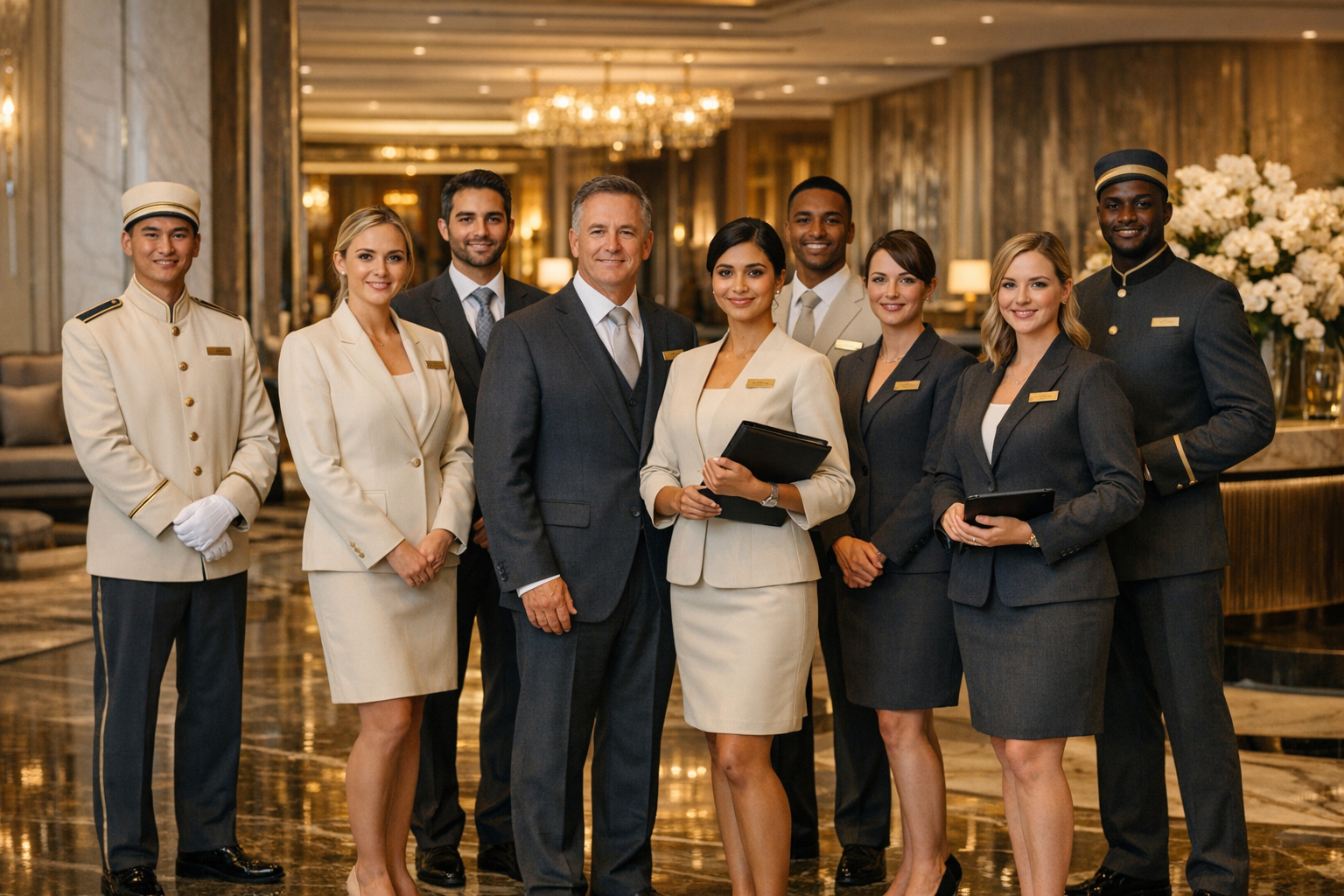 Professional hospitality team in luxury resort lobby - careers at Wynn Al Marjan Island UAE